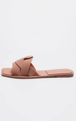 Coffee Square Toe Rubber Cross Strap Slides