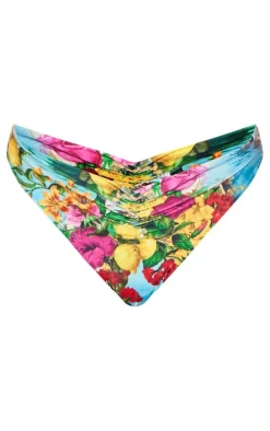 Contrast Amalfi Print Ruched Detail High Leg Bikini Bottoms