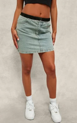 Contrast Satin Waistband Vintage Wash Denim Mini Skirt