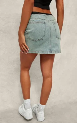 Contrast Satin Waistband Vintage Wash Denim Mini Skirt