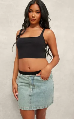 Contrast Satin Waistband Vintage Wash Denim Mini Skirt