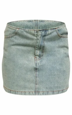 Contrast Satin Waistband Vintage Wash Denim Mini Skirt
