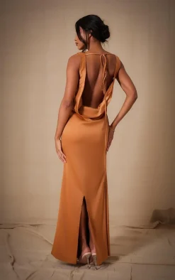 Copper Bridesmaid Satin Cowl Neck Maxi Dress