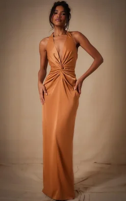 Copper Bridesmaid Satin Twist Plunge Halterneck Maxi Dress