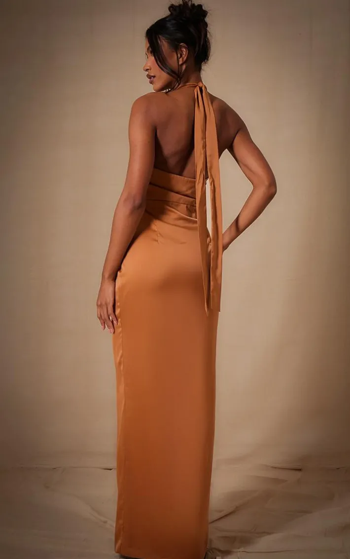 Copper Bridesmaid Satin Twist Plunge Halterneck Maxi Dress