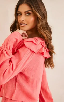 Coral Cheesecloth Ruffle Trim Floaty Blouse