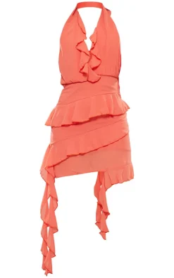 Coral Chiffon Frill Detail Drape Halter Neck Mini Dress