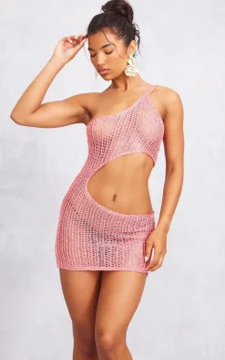 Coral Sequin Mini Cut Out Crochet Dress