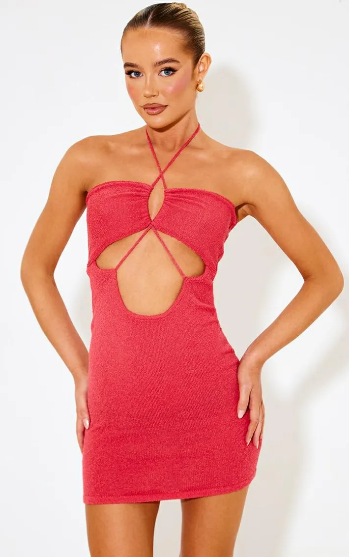 Coral Towel Knit Cross Front Mini Dress