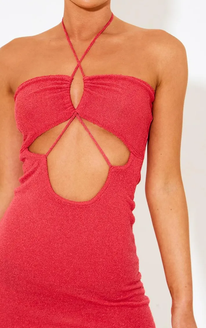 Coral Towel Knit Cross Front Mini Dress