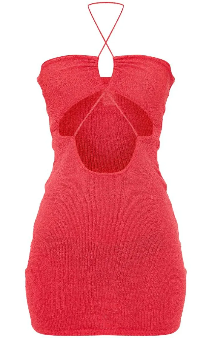 Coral Towel Knit Cross Front Mini Dress