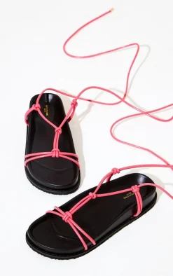 Coral Wide Fit PU Knot Lace Up Flat Sandals