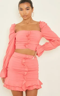 Coral Woven Frill Stretch Ruched Front Mini Skirt