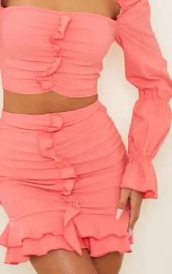 Coral Woven Frill Stretch Ruched Front Mini Skirt