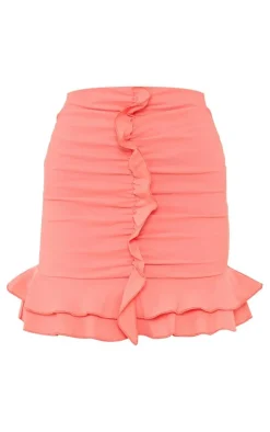 Coral Woven Frill Stretch Ruched Front Mini Skirt