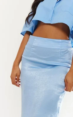 Cornflower Blue Hammered Satin Fishtail Midaxi Skirt