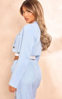 Cornflower Blue Linen Look Cropped Blazer