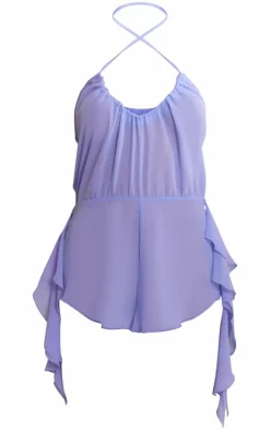 Cornflower Blue Sheer Halterneck Ruffle Detail Romper