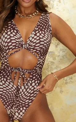 Cream Abstract Polka Dot Cut Out Wrap Around Swimsuit