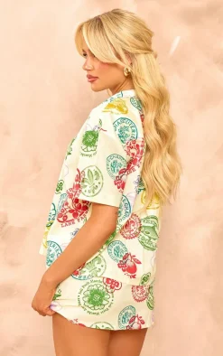 Cream Abstract Print Linen Look Oversized Short Sleeve Shirt