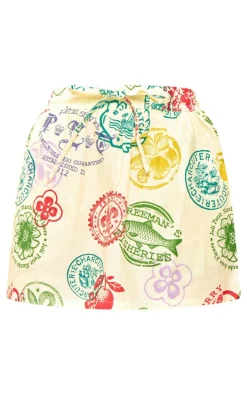 Cream Abstract Print Linen Look Elastic Waist Mini Skirt