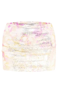 Cream Abstract Printed Sequin Low Rise Micro Mini Skirt