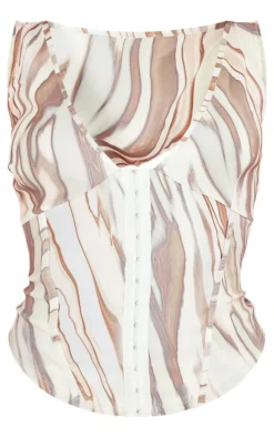 Cream Animal Print Stretch Woven Plunge Hook And Eye Corset Top