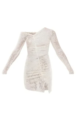 Cream Asymmetric Neck Ruched Textured Bodycon Dress