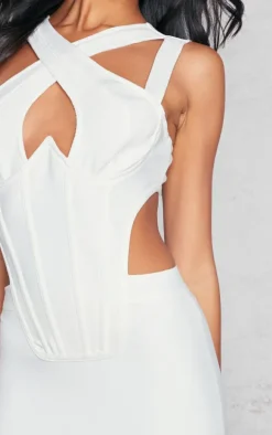 Cream Bandage Cross Bust Corset Cut Out Side Bodycon Dress