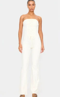 Cream Bandeau Corset Lace Up Straight Leg Jumpsuit
