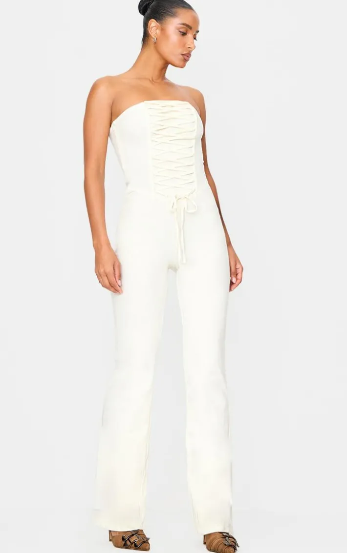 Cream Bandeau Corset Lace Up Straight Leg Jumpsuit