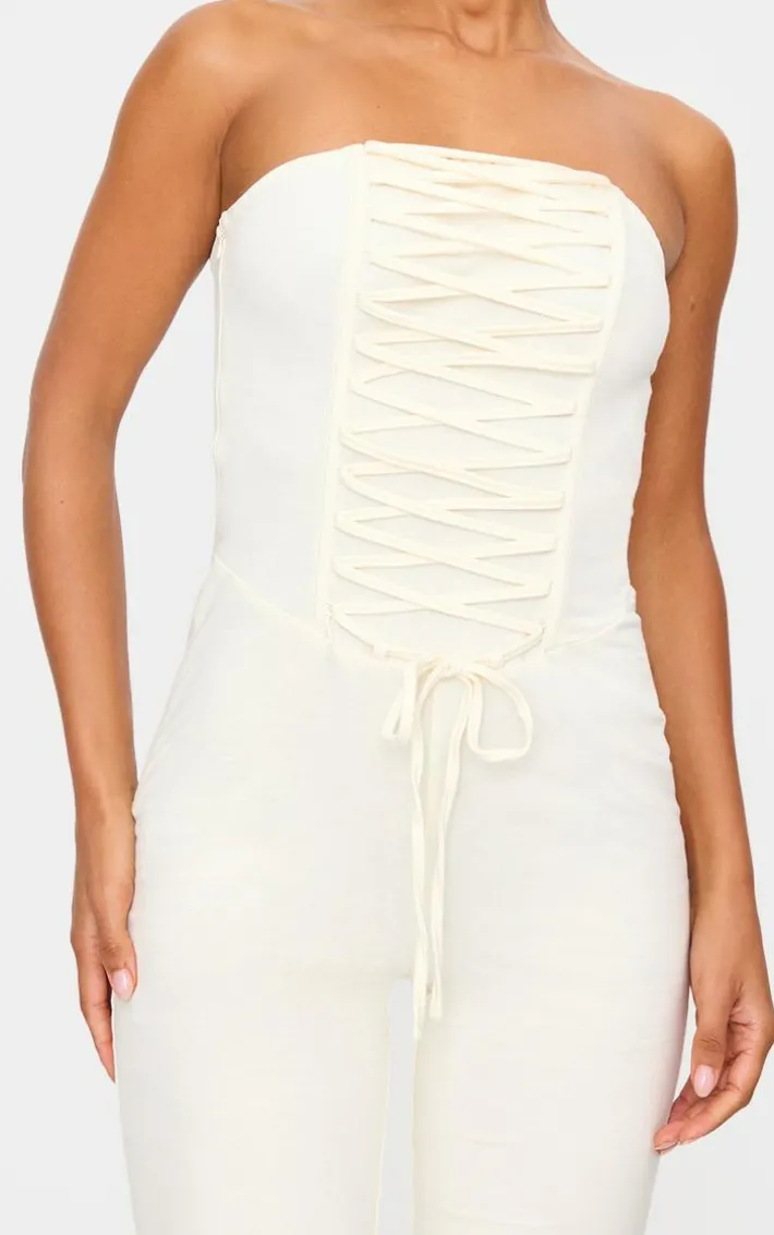Cream Bandeau Corset Lace Up Straight Leg Jumpsuit