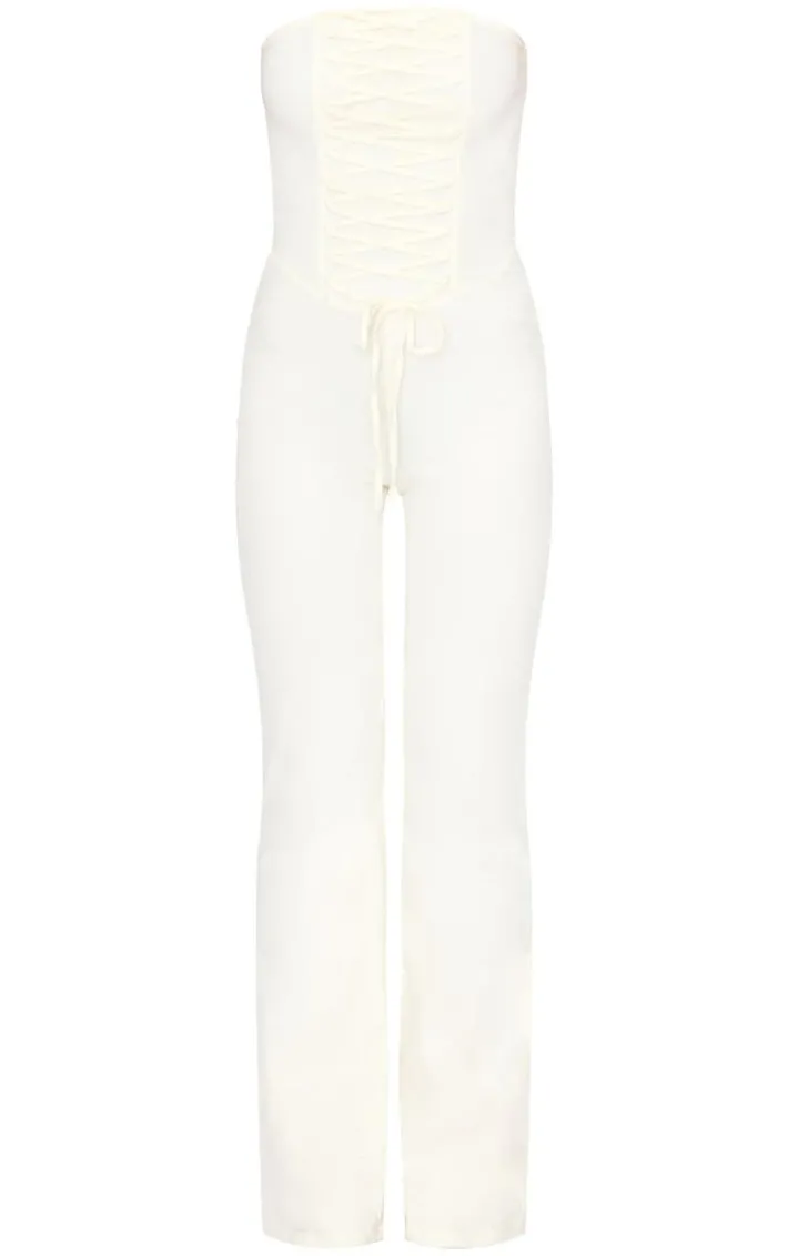 Cream Bandeau Corset Lace Up Straight Leg Jumpsuit