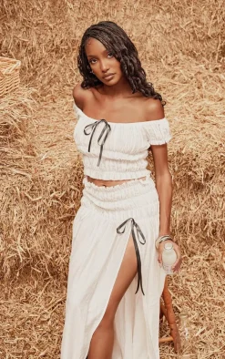 Cream Bardot Shirred Bow Detail Crop Top