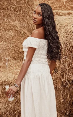 Cream Bardot Shirred Bow Detail Crop Top