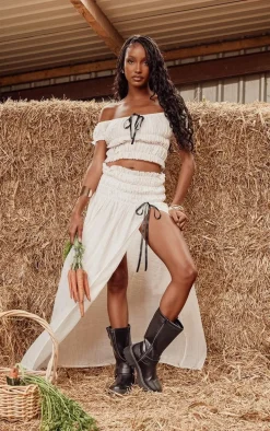 Cream Bardot Shirred Bow Detail Crop Top