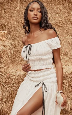 Cream Bardot Shirred Bow Detail Crop Top