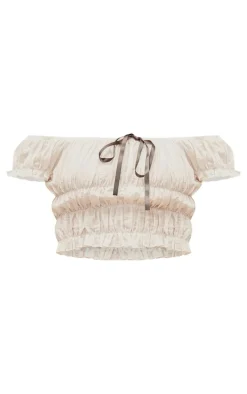 Cream Bardot Shirred Bow Detail Crop Top