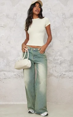 Cream Basic Cotton Blend Fitted Crew Neck T Shirt