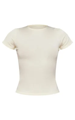 Cream Basic Cotton Blend Fitted Crew Neck T Shirt