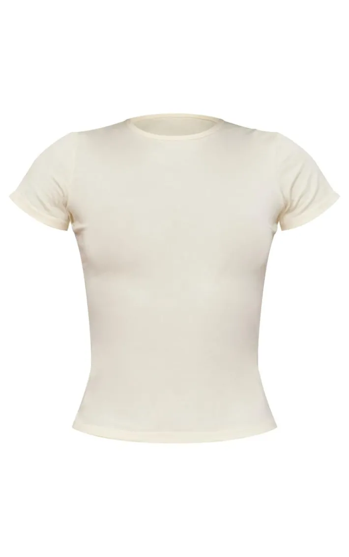 Cream Basic Cotton Blend Fitted Crew Neck T Shirt