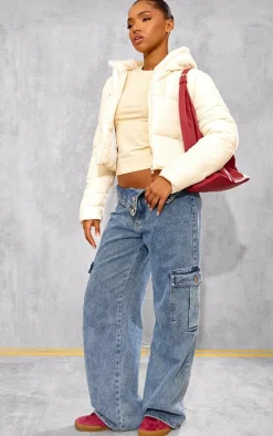 Cream Basic Hooded Zip Up Cropped Puffer Jacket