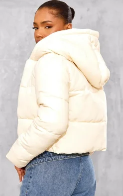 Cream Basic Hooded Zip Up Cropped Puffer Jacket