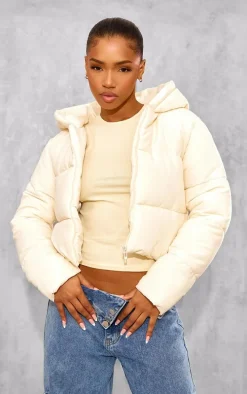 Cream Basic Hooded Zip Up Cropped Puffer Jacket