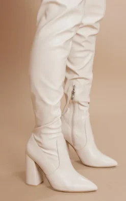 Cream Block Heel PU Thigh High Boots