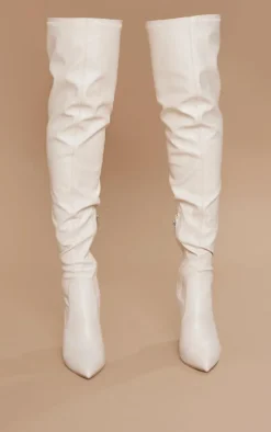 Cream Block Heel PU Thigh High Boots