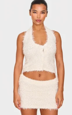Cream Bobble Eyelash Knit Halterneck Vest