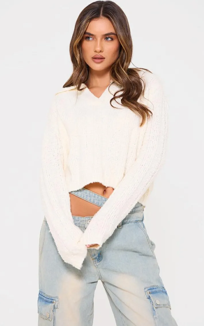 Cream Bobble Knit Collar Detail Top