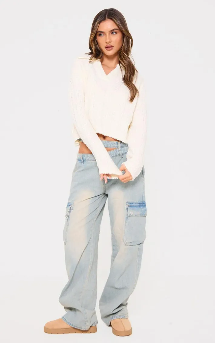 Cream Bobble Knit Collar Detail Top