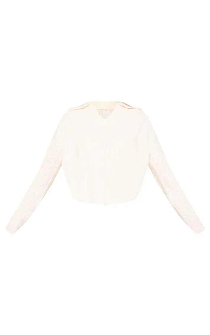 Cream Bobble Knit Collar Detail Top